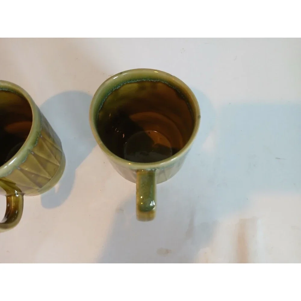 3 Vintage Retro stackable Made in Japan mug cup green drip 8 ounces
